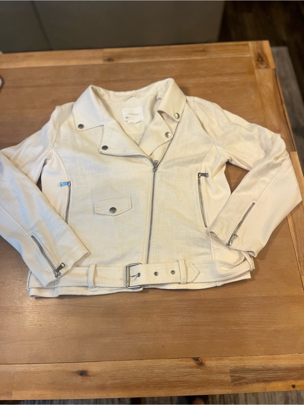 By Anthropologie Linen Blend Moto Jacket Ivory Cream Belted Biker Sz L Large